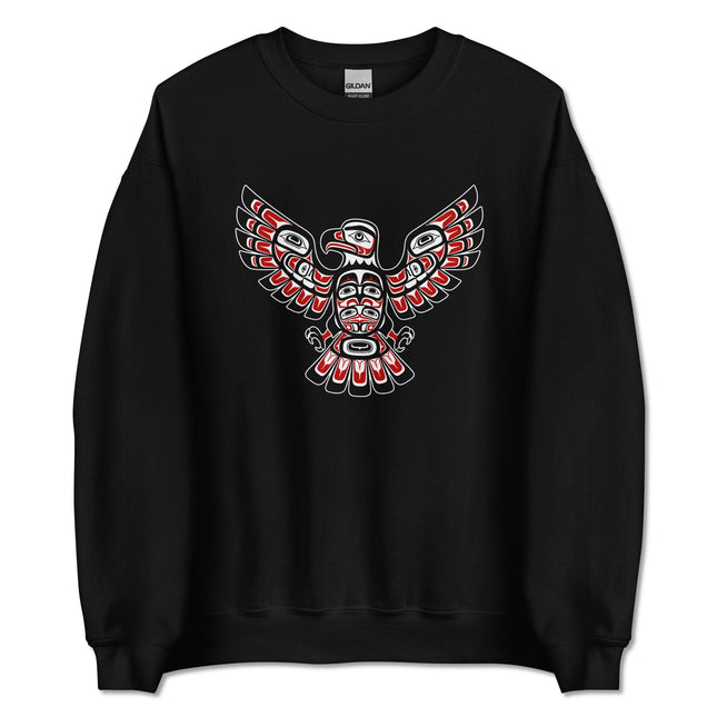 Indigenous eagle art pullover featuring Pacific Northwest tribal patterns design.