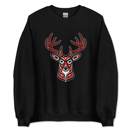 Red and black tribal deer head graphic pullover sweatshirt design.
