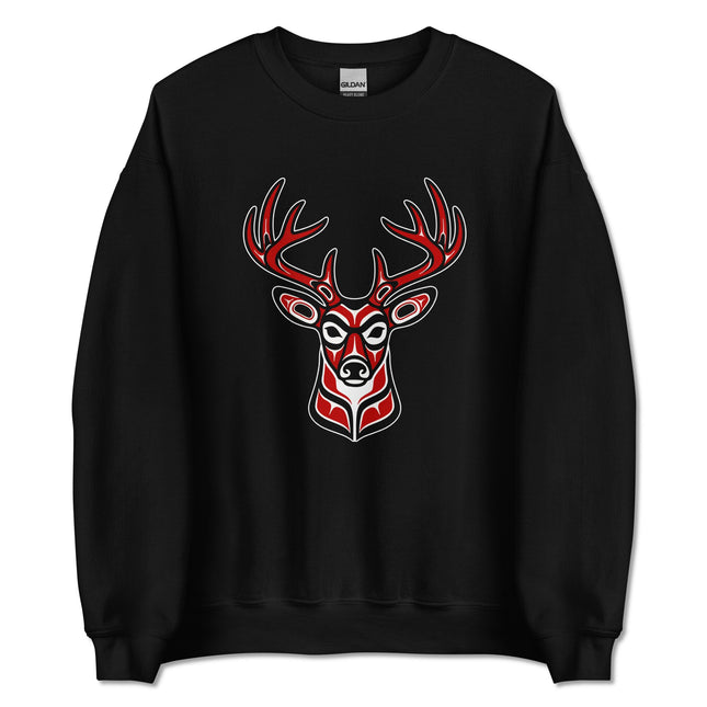 Red and black tribal deer head graphic pullover sweatshirt design.