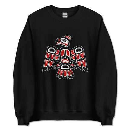 Indigenous raven formline art pullover sweatshirt featuring Pacific Northwest cultural design.