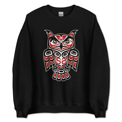Red and black Pacific Northwest owl formline art sweatshirt design featuring indigenous artwork.