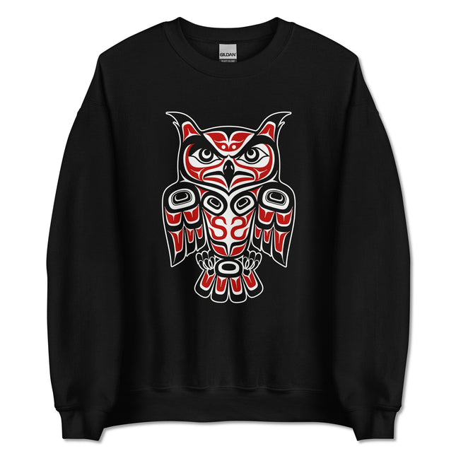 Red and black Pacific Northwest owl formline art sweatshirt design featuring indigenous artwork.