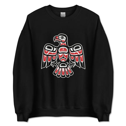 Indigenous hawk formline art printed on a unisex pullover sweatshirt featuring Pacific Northwest style.