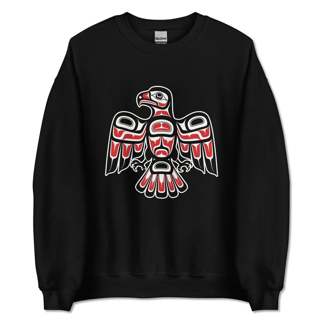 Indigenous hawk formline art printed on a unisex pullover sweatshirt featuring Pacific Northwest style.
