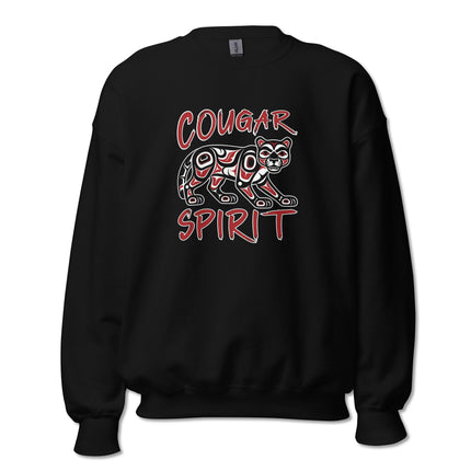 Indigenous Formline Art cougar spirit design printed on a native American pullover sweatshirt.