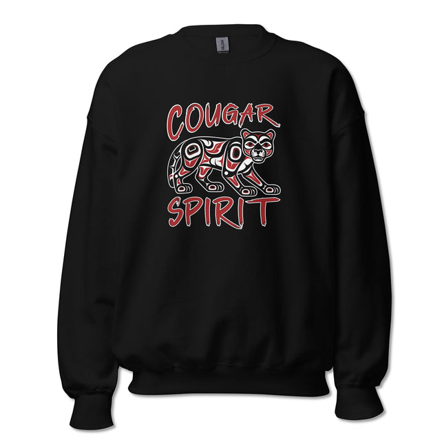 Indigenous Formline Art cougar spirit design printed on a native American pullover sweatshirt.