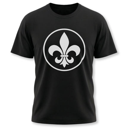 White Fleur de Lis emblem graphic on a black t-shirt, symbolizing French heritage and heraldry.