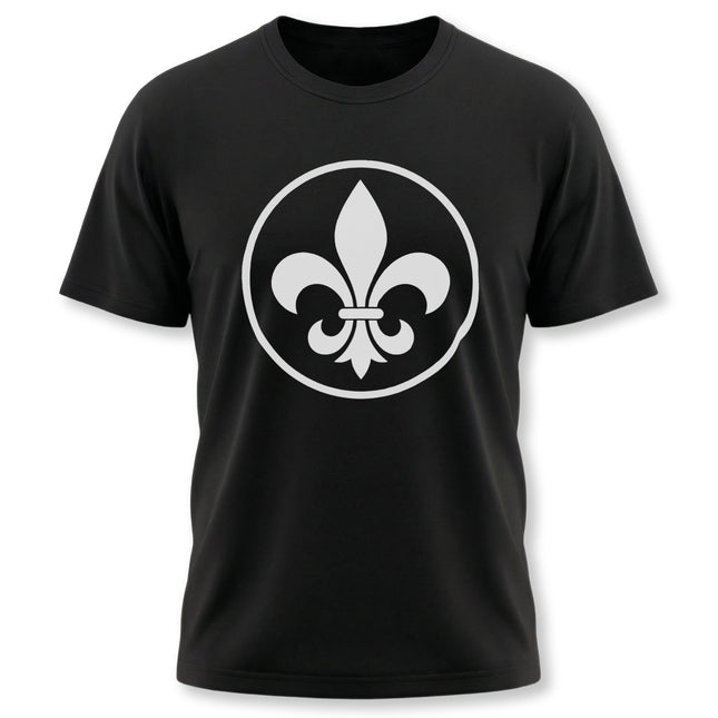 White Fleur de Lis emblem graphic on a black t-shirt, symbolizing French heritage and heraldry.
