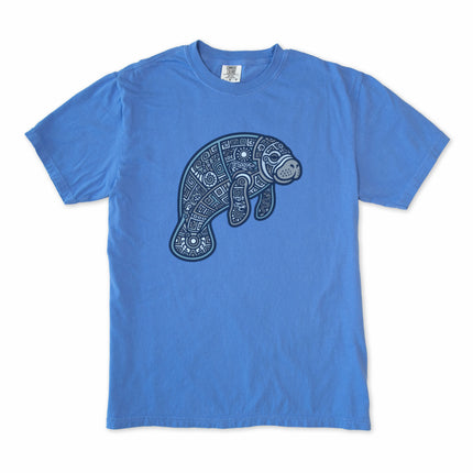 Tribal manatee graphic tee featuring geometric Mayan ocean animal patterns.