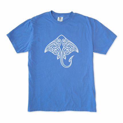 Tribal Maori stingray graphic t-shirt featuring Polynesian ocean life art design.