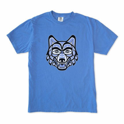 Haida wolf head graphic t-shirt featuring indigenous Pacific Northwest artwork design.