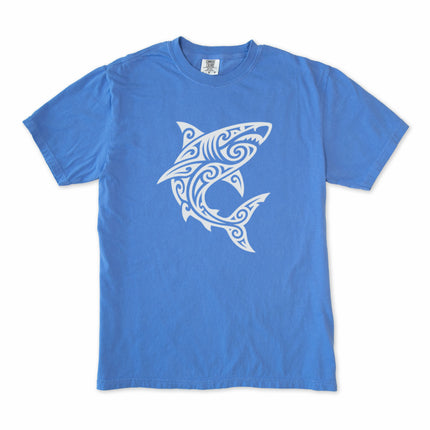 Tribal shark Polynesian tattoo style t-shirt graphic tee featuring bold oceanic designs.