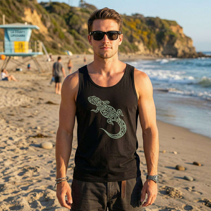Black men's tank top featuring a tribal lizard swirl graphic. Reptile art streetwear shirt.