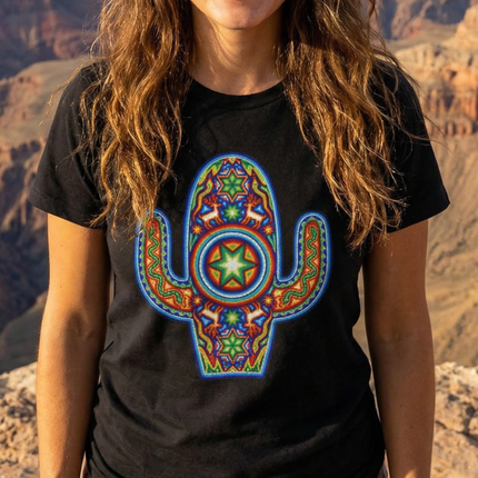 Vibrant Huichol cactus graphic tee featuring colorful Mexican folk art design.