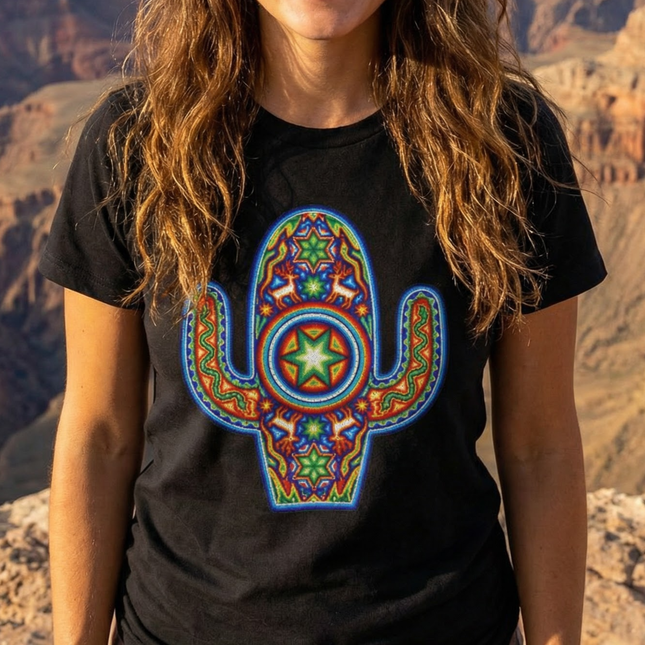 Vibrant Huichol cactus graphic tee featuring colorful Mexican folk art design.