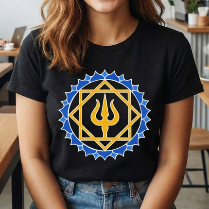 Trishula Trident T-Shirt | Gold Blue Geometric Lotus Symbol | Lotus