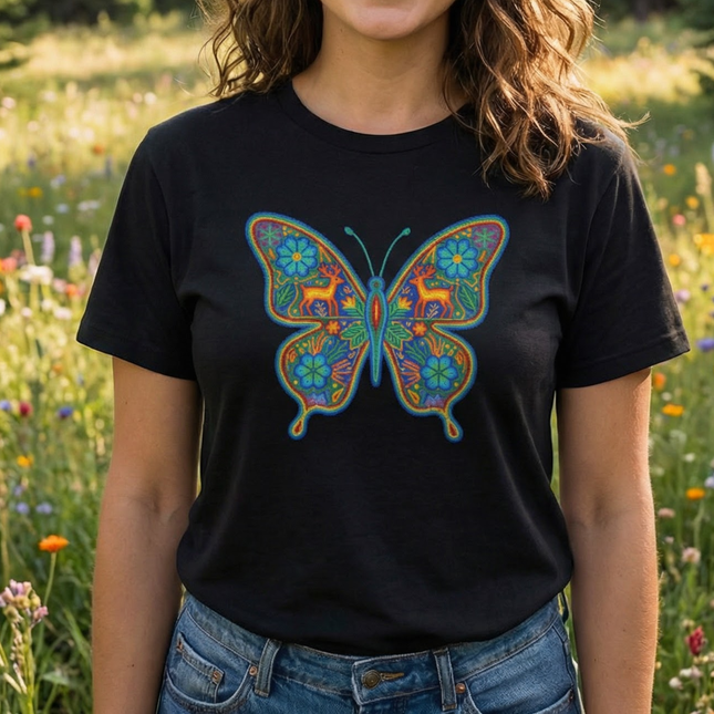 Huichol Butterfly T-Shirt | Vibrant Mexican Folk Art Deer Floral Tee | Butterfly