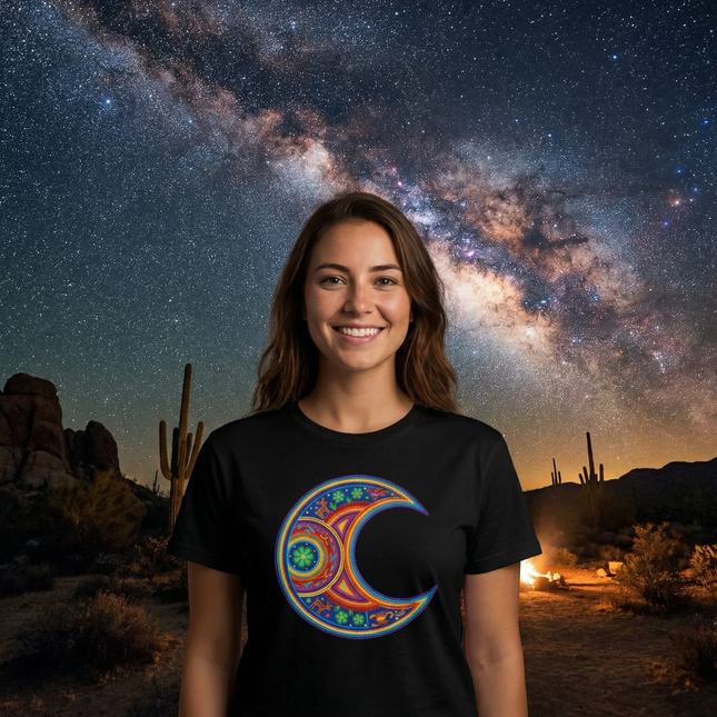 Vibrant Huichol Moon T-Shirt | Colorful Mexican Folk Art Indigenous Design