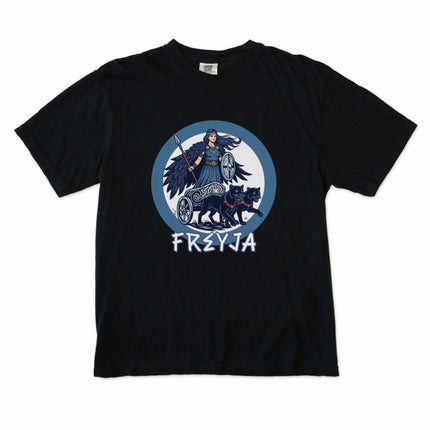 Graphic tee featuring Freya, the Norse goddess, with a cat-drawn chariot design in Viking mythology style.