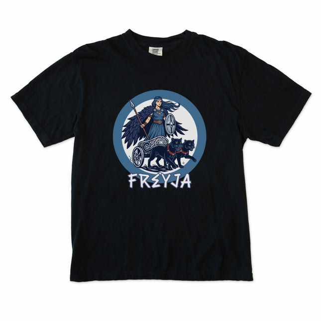 Graphic tee featuring Freya, the Norse goddess, with a cat-drawn chariot design in Viking mythology style.