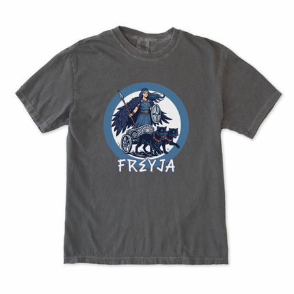 Norse goddess Freya with cats in a chariot graphic design t-shirt print.