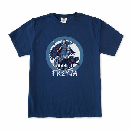 Norse goddess Freya, cats in a chariot graphic tee featuring Viking mythology art design.