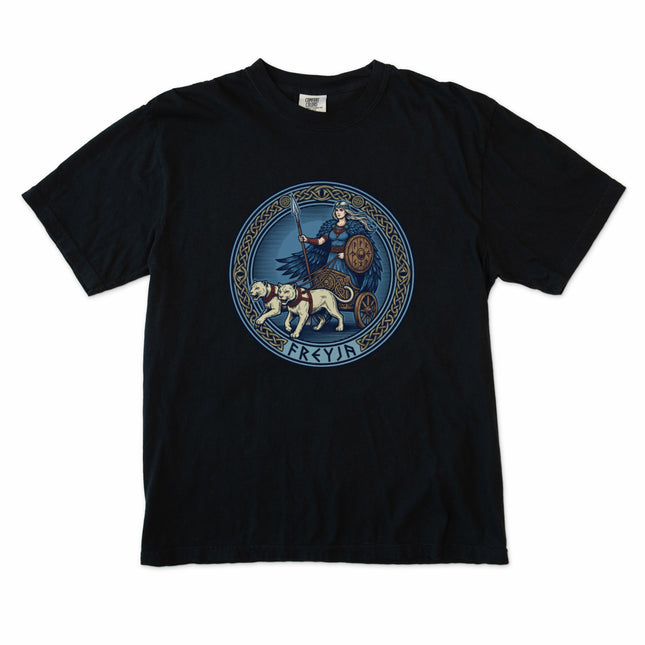 Freyja Norse goddess illustration with cat chariot on a Viking mythology t-shirt design.