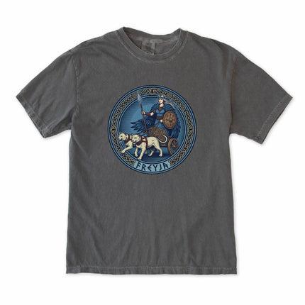 Norse Goddess Freyja cat chariot design on a Viking mythology unisex t-shirt.