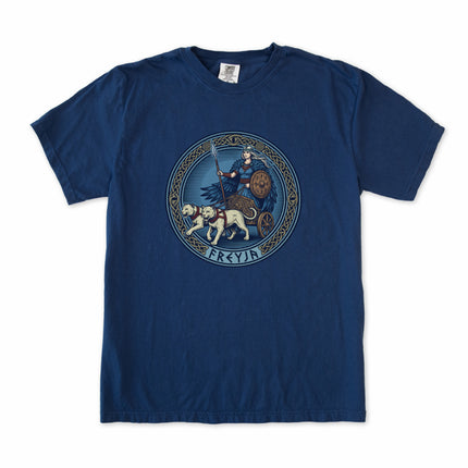 Freyja Norse Goddess cat chariot t-shirt featuring viking mythology art print.