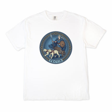 Unisex tee featuring Freyja Norse goddess and cat chariot viking mythology art print.