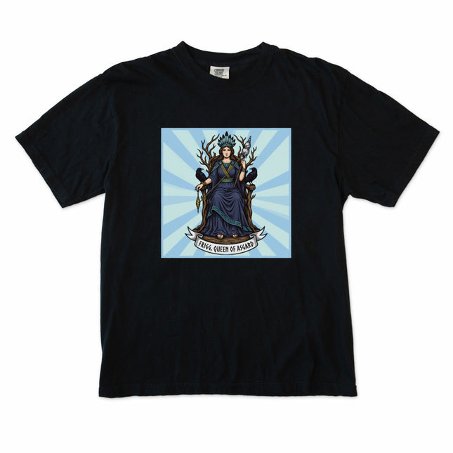 Norse goddess Frigg Queen of Asgard raven print unisex t-shirt featuring mythology art.