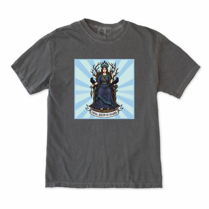 Norse mythology t-shirt graphic featuring Frigg, Queen of Asgard, and raven designs.