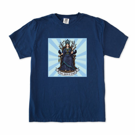 Frigg Queen of Asgard Norse mythology t-shirt featuring goddess and raven design.
