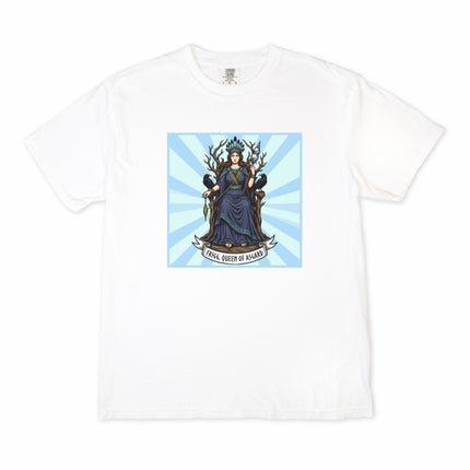 Norse mythology t-shirt featuring Frigg, Queen of Asgard, with raven goddess artwork.