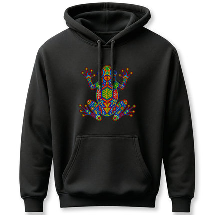 Colorful Huichol frog graphic on black streetwear hoodie featuring Mexican indigenous art.