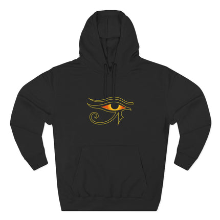 Eye of Ra symbol graphic in gold on a black hoodie, representing ancient Egyptian mythology.