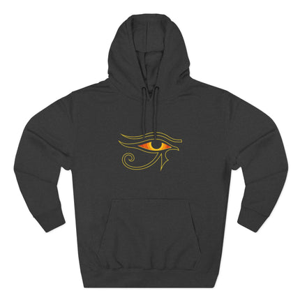 Eye of Ra symbol graphic on a black hoodie. Ancient Egyptian mythology design.