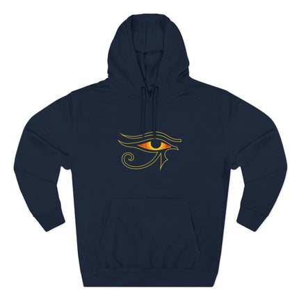 Eye of Ra symbol graphic on a navy hoodie. Ancient Egyptian mythology apparel.