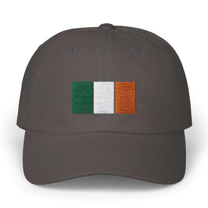 Embroidered Irish tricolor flag baseball cap in green, white, and orange.