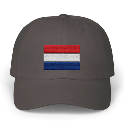 Dark gray baseball cap featuring the embroidered red, white, and blue Netherlands flag.