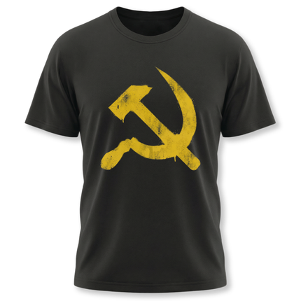 Yellow graffiti hammer and sickle symbol on a black communist t-shirt.