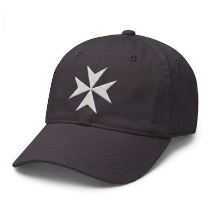 Black embroidered baseball cap featuring the Maltese Cross symbol.