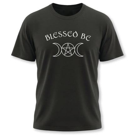 Blessed Be pagan tee featuring a pentagram and triple moon goddess symbol.