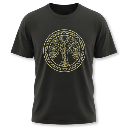 Norse Yggdrasil World Tree graphic on black t-shirt. Intricate gold mythology design.