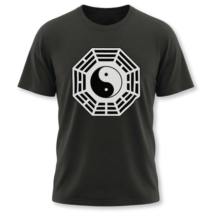 Black graphic tee with stylized Yin Yang and Bagua symbols, representing balance and harmony.