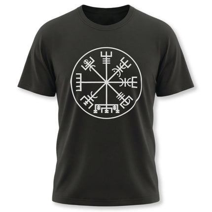 Norse Vegvisir Viking compass rune graphic on a black unisex t-shirt.