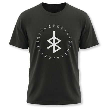 Norse rune circle t-shirt featuring the Elder Futhark alphabet and central Bind Rune symbol.