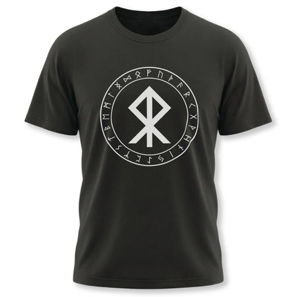 Black t-shirt featuring the Algiz rune and surrounding Norse Elder Futhark runes.