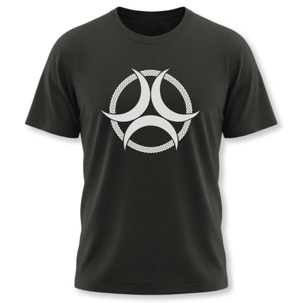 Black tee featuring a white Celtic Triple Moon Goddess knotwork symbol.