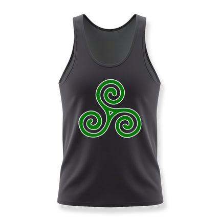 Celtic Triskelion symbol on a black unisex tank top.